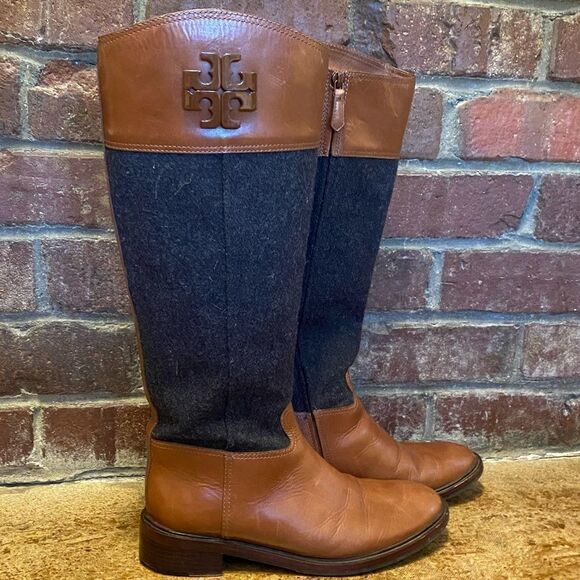 Tory burch Brown leather and Grey wool flannel Lowell Riding Boots sz 10.5 - Picture 2 of 12